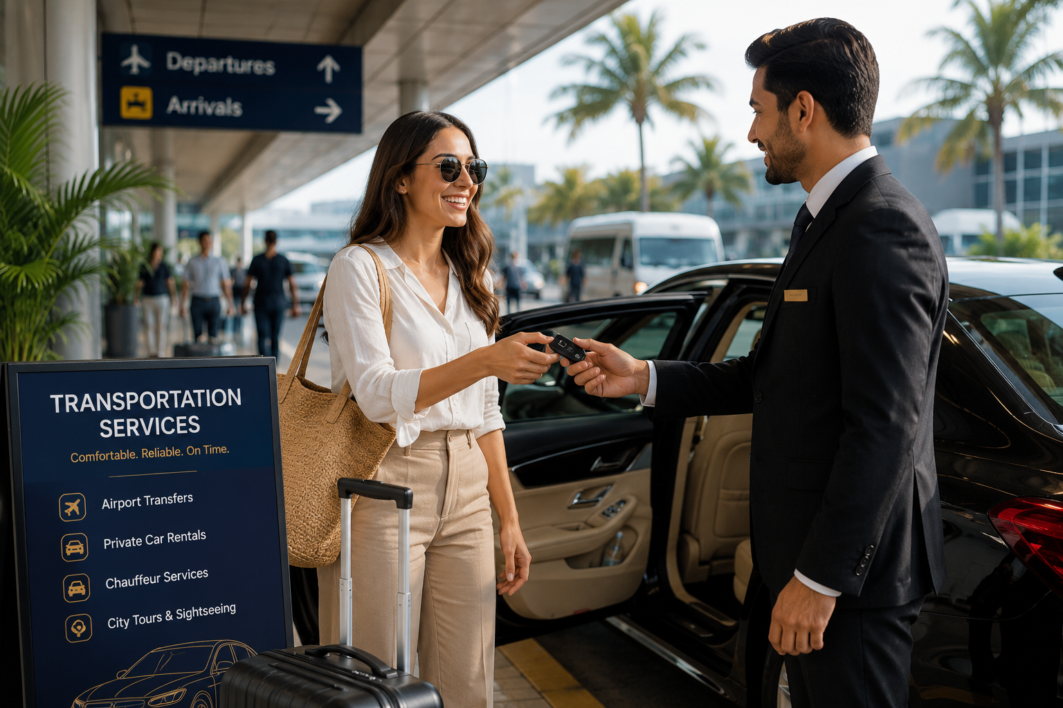 Airport transfers, private taxis, rental cars, and guided transportation services.